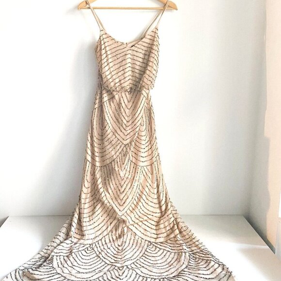 Adrianna Papell Nude Beaded Art Deco Spaghetti Strap Maxi Dress 0 - Picture 8 of 9